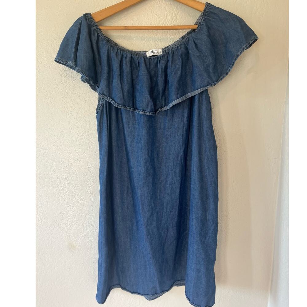 Women's Glam Off the Shoulder Ruffle Chambray Blue Dress Size Medium